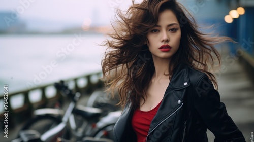 a beautiful Japanese young women with bold red lip, tousled waves, leather jacket sliding off shoulder
