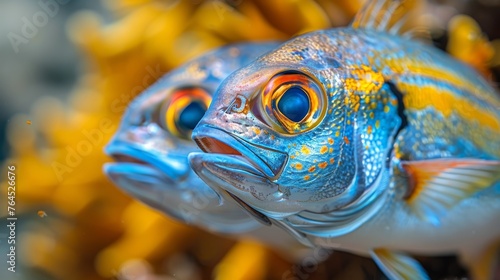  a blue fish surrounded by yellow and white flowers in the water, with a focused background