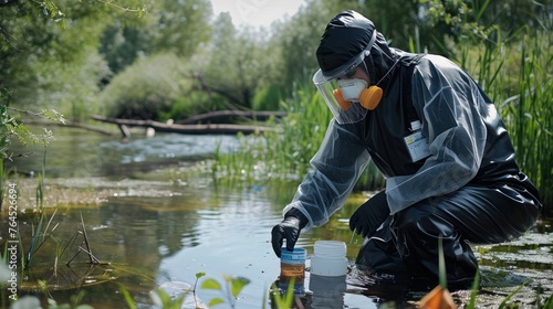 Collecting water samples from a polluted river to test 