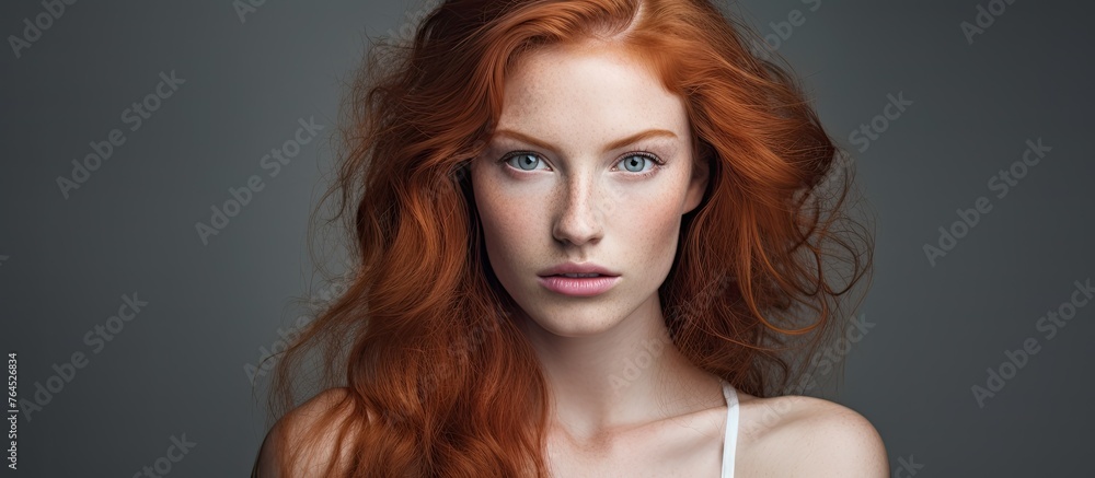 An individual female with ginger hair and striking azure eyes is standing and posturing for a photograph An individual female with ginger hair and striking azure eyes is standing and posturing for a photograph