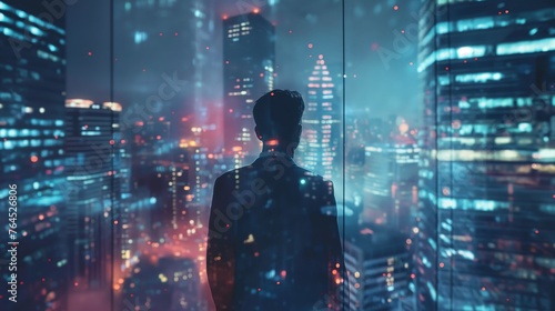 Silhouette of a businessman overlooking a futuristic urban skyline at night, symbolizing vision and strategy.