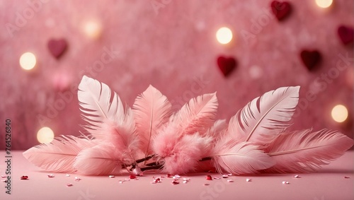 A whimsical composition with delicate feathers and confetti strewn across a pink surface creating a dreamy feel