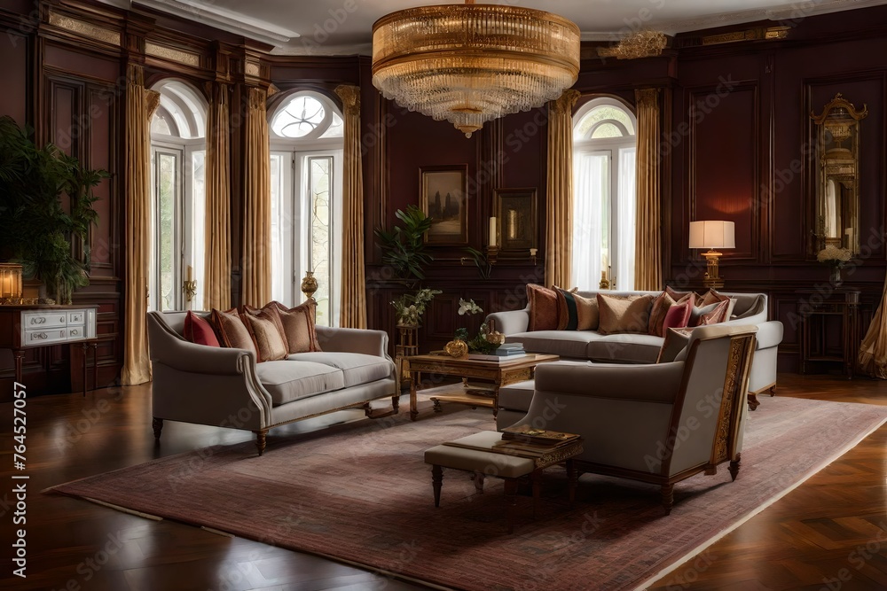 A traditional living room with classic furniture, ornate details, and a ...