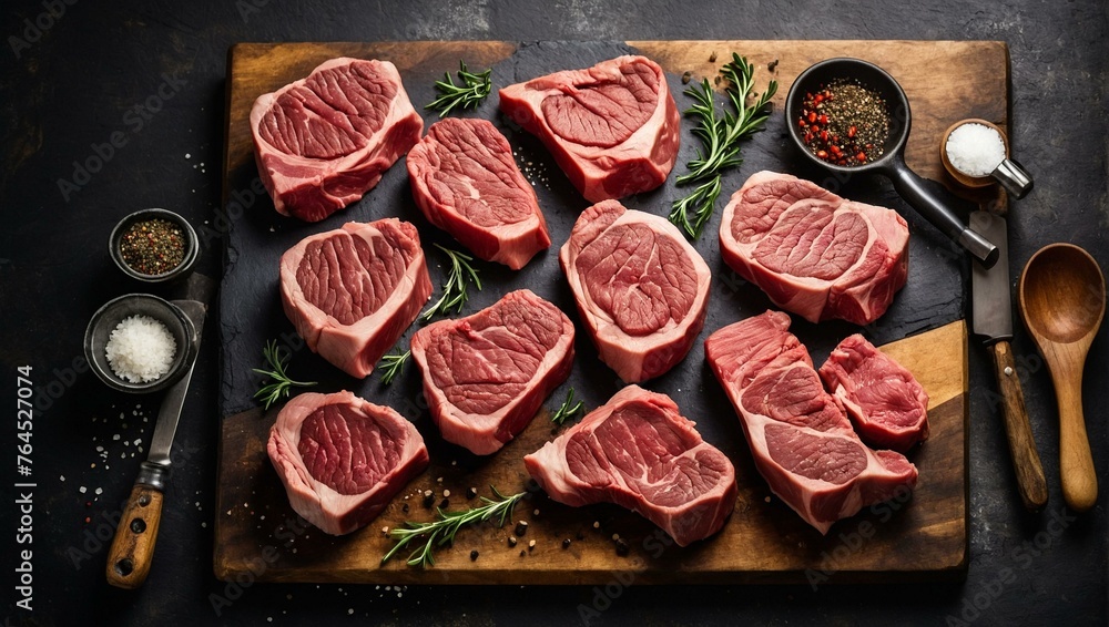 Assorted raw fresh beef steaks arranged on a rustic wooden cutting board with herbs and spices ready to be cooked Assorted raw fresh beef steaks arranged on a rustic wooden cutting board with herbs and spices ready to be cooked