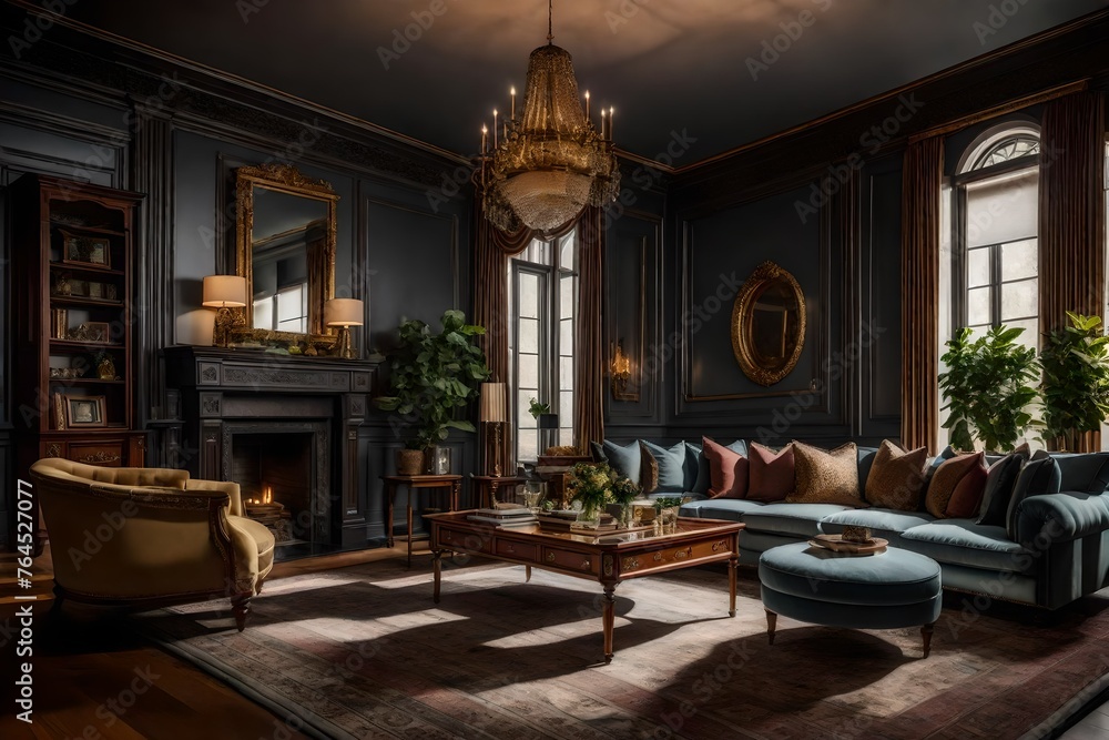 A classic living room with timeless color schemes, elaborate embellishments, and classic furniture that exudes polished elegance A classic living room with timeless color schemes, elaborate embellishments, and classic furniture that exudes polished elegance