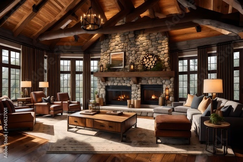 A warm and inviting mountain refuge is evoked in this comfortable living room with a stone fireplace, wooden beams, and luxurious furnishings, inspired by a cabin.