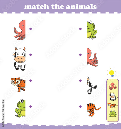 Matching game for preschool children with wild animals. Vector Illustration