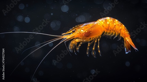  A sharp focus image of a yellow crustacean with droplets on its hind legs against a dark backdrop
