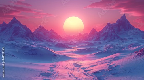  A painting depicts a snowy landscape with a path leading to a vibrant sun at sky's center
