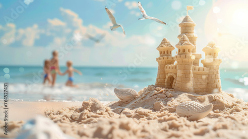 Closeup of sandcastle on happy sunny ocean beach scene with family and seagulls in defocused background