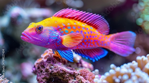  a brightly-colored fish swimming near various coral formations