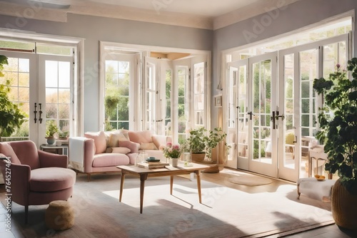 A bright living area with French doors leading to a garden, pastel colors, floral details, and a lovely blend of modern and historic furniture 