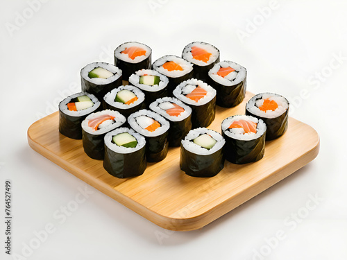 Maki Sushi Rolls on wood board white background