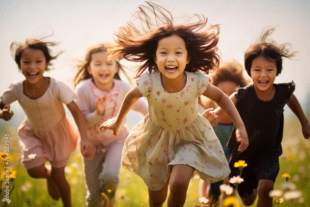 Happy multinational children running through a field of flowers, smiling, laughing. Spirit of cultural unity. International Children's Day