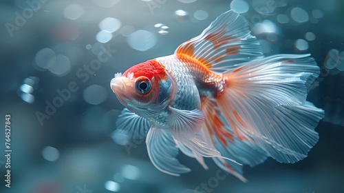  A close-up shot of a goldfish in its aquarium, with air bubbles surrounding it against a blue backdrop
