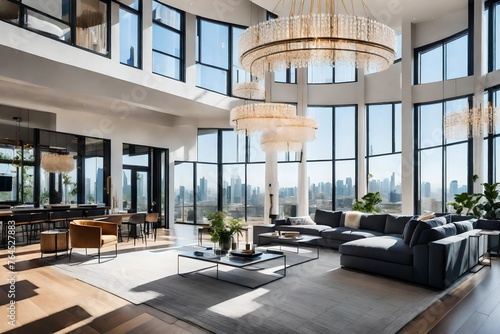 A large living area with floor to ceiling windows, contemporary furnishings, a gorgeous chandelier, and an abundance of natural light