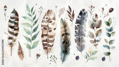 Colorful feathers and plants on a white background. Perfect for nature-themed designs