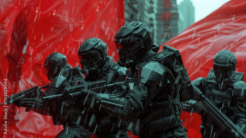 Obraz premium Soldiers with guns standing in the rain. Suitable for military or weather-related concepts