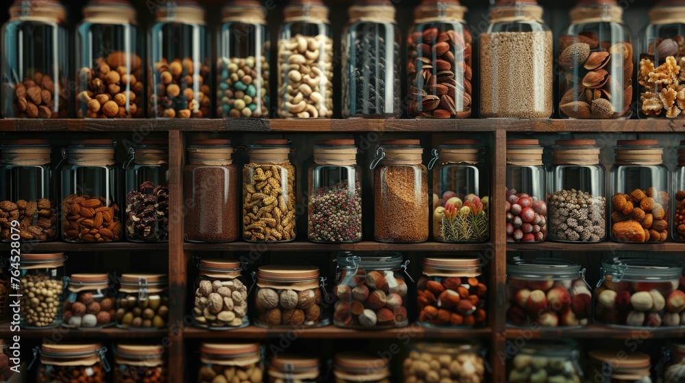 A variety of nuts displayed on a shelf. Great for food and nutrition concepts A variety of nuts displayed on a shelf. Great for food and nutrition concepts