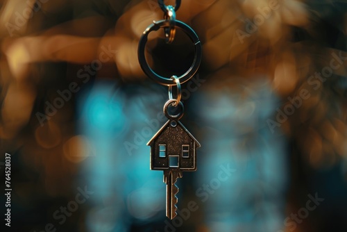 A house key hanging from a key ring. Suitable for real estate concepts © Fotograf