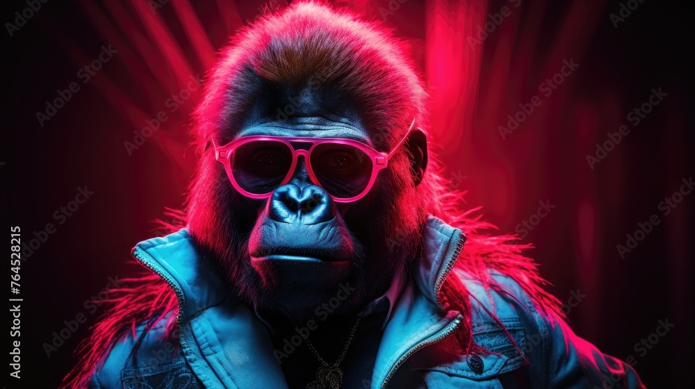 Neon portrait of gorilla rapper, gangster monkey character Neon portrait of gorilla rapper, gangster monkey character