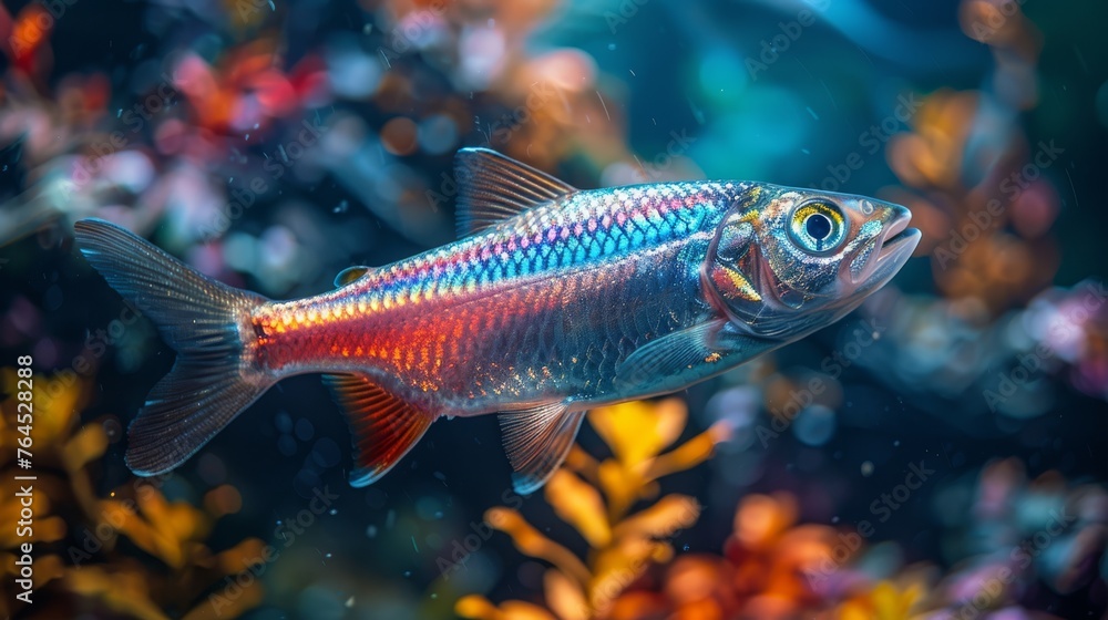 Close-up of a fish in aquarium, with green foliage and blossoms in fg, azure sky in bg Close-up of a fish in aquarium, with green foliage and blossoms in fg, azure sky in bg