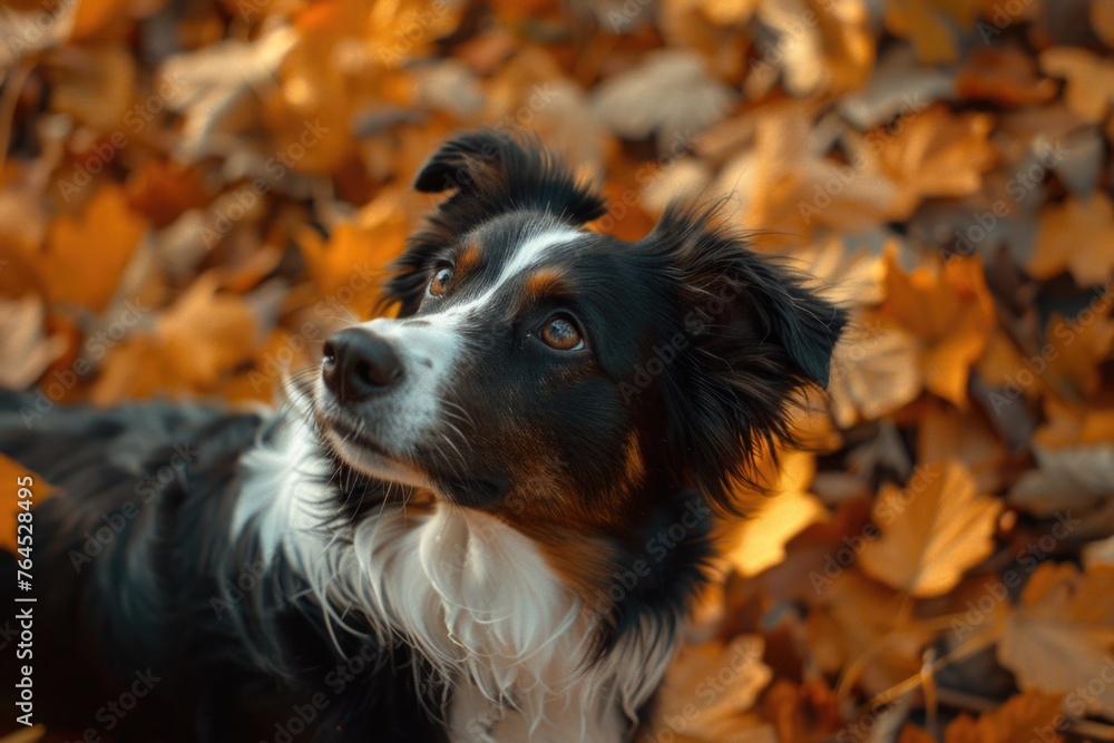 A black and white dog standing in a pile of leaves, suitable for autumn themes