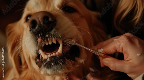 A woman brushing her dog's teeth, suitable for pet dental care concept
