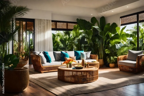 A tropical oasis living room with rattan furniture, vibrant colors, and tropical plants, evoking a sense of relaxation and vacation
