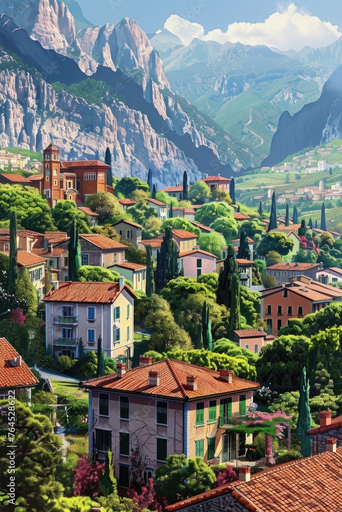 A picturesque painting of a town nestled in the mountains. Suitable for travel brochures