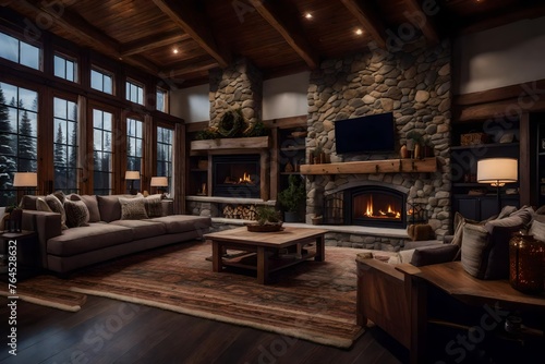A comfortable ski lodge-inspired living area with a stone fireplace, fur blankets, and wooden accents provides a warm and inviting sanctuary. 