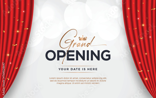 Realistic grand opening invitation banner with red curtains, golden elements and 3d editable text effect
