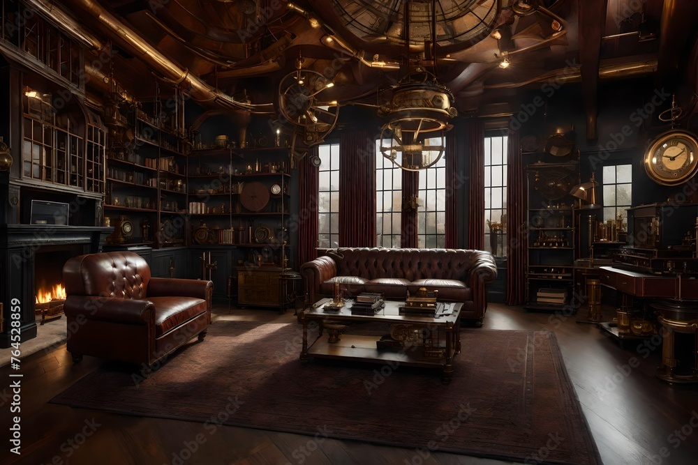 A steampunk-themed living room with vintage leather furniture,  gears, and brass accents, capturing the essence of a bygone era