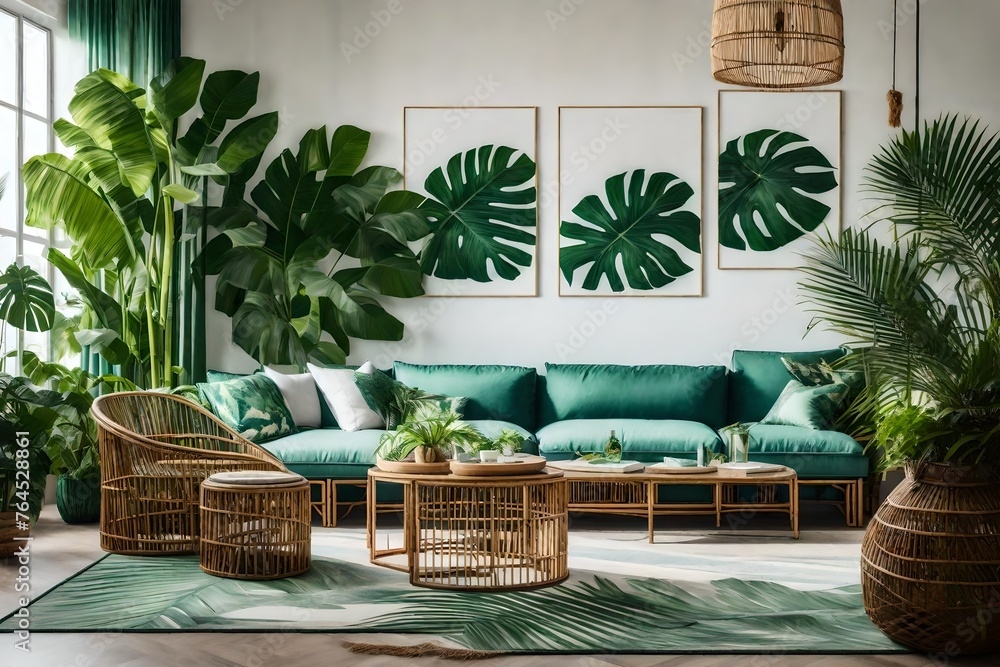 A tropical paradise living room with palm leaf prints, bamboo furniture, and a relaxing color scheme, bringing the outdoors within.