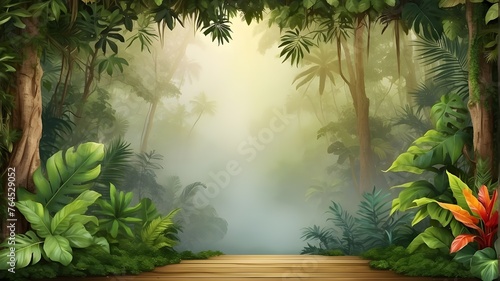 Background of a tropical forest, jungle, or copy space with a border of tropical leaves and an empty space in the middle photo