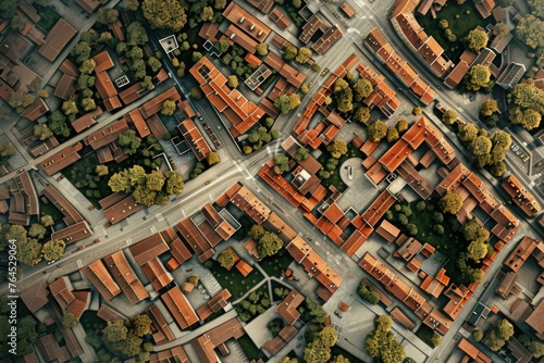 Aerial view of a small town, perfect for urban planning projects