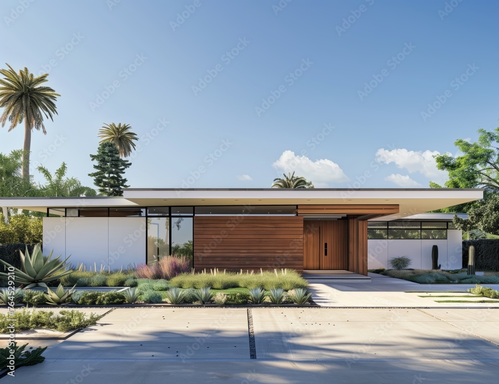 A contemporary house with a palm tree in the background set against a cloudy sky. The building features a sleek design with a fixture, door, and asphalt land lot
