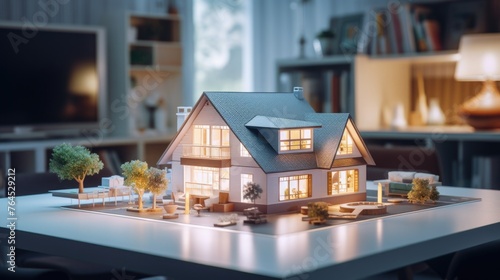 a concept holo 3d render model of a small living house on a table in a real estate agency. mortgage contract document and demonstrating business photo