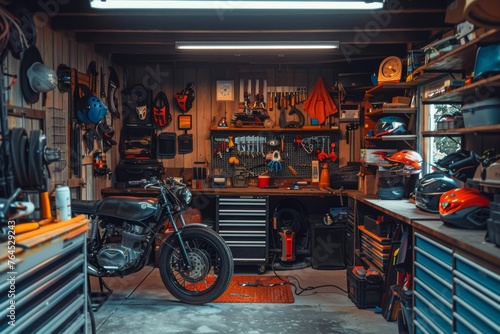 Interior of spacious, bright and clean garage workshop for DIY works and repairs. Workbenches, tools and technical equipment. Bikes, motorcycles and cars repair and tuning. photo