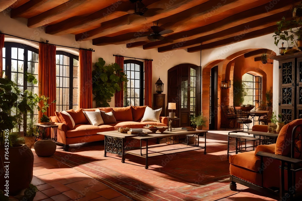 A sun-drenched Mediterranean-inspired living room with terra cotta hues, wrought iron accents, and rustic furniture, capturing the essence of the region 