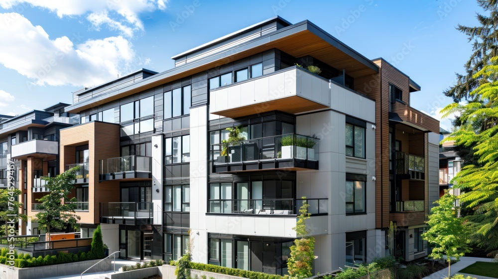 Design contemporary apartment buildings with sleek lines, large windows, and modern architectural 