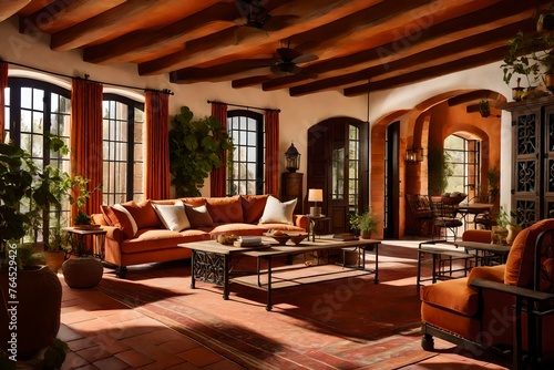A sun-drenched Mediterranean-inspired living room with terra cotta hues, wrought iron accents, and rustic furniture, capturing the essence of the region  photo