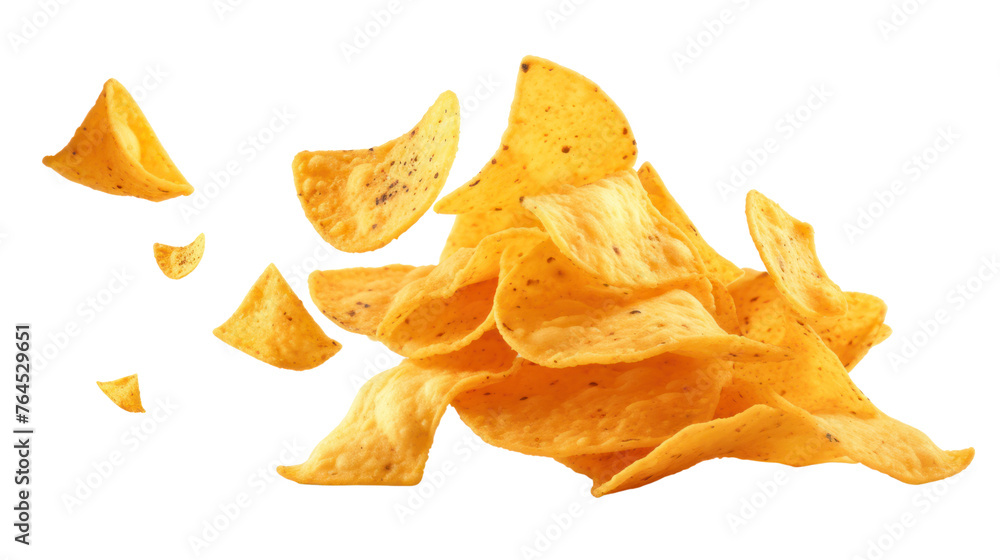 Fototapeta premium Flying mexican nachos chips isolated on transparent and white background.PNG image. 