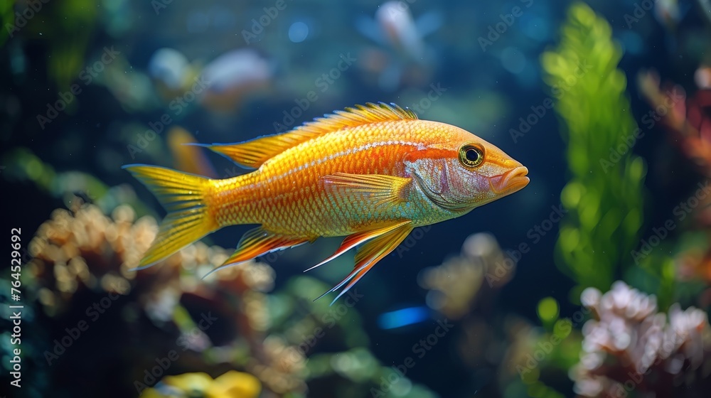 A macro shot of multiple fish swimming amidst greenery A macro shot of multiple fish swimming amidst greenery