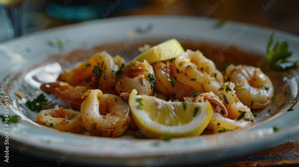 A plate of shrimp with fresh lemon slices and parsley, perfect for seafood lovers
