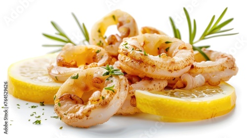 Freshly sliced octopus with zesty lemon slices on a white plate. Perfect for seafood lovers and restaurant menus