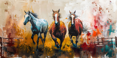 Abstract aureate geometry gold element animals horses texture background,Painting of three horses running in the water with a splash of paint . 