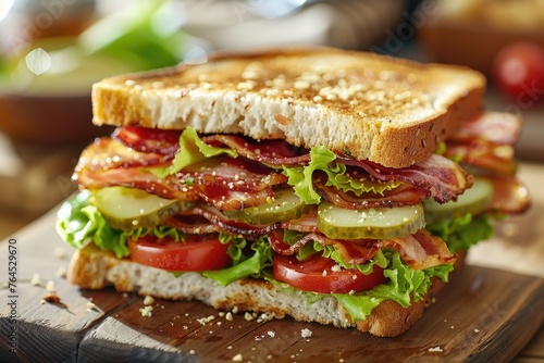 A detailed close-up of a sandwich on a wooden cutting board. Perfect for food and cooking concepts