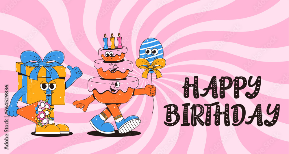 Naklejka premium Happy birthday banner in retro groovy style. Vintage walking character cake and gift box. Funky mascot with psychedelic smile. Vector illustration