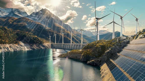 A collage of diverse renewable energy sources such as solar panels, wind turbines, and hydroelectric dams, symbolizing the future